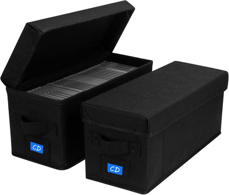BOATISLE CD Case Holder with Handles and Lid – CD Storage Box with External Label Slots, Easy-to-Move Organizer Case for Efficient Media Storage,2Pack-Black - Image 1